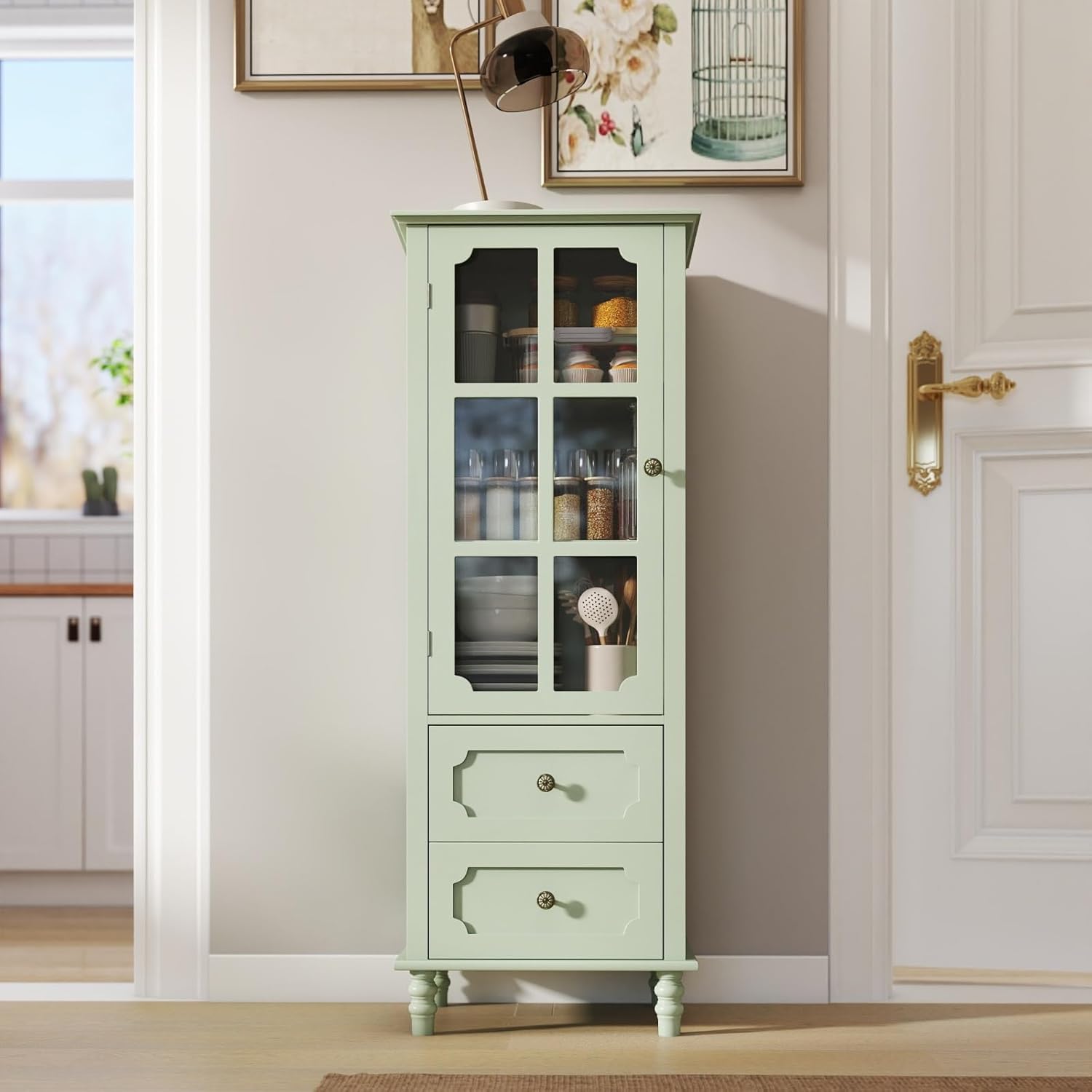 Minimalism Buffet Cabinet with Glass Doors and Double Drawer, Modern Wooden Storage Sideboard Cupboard for Living Room, Dining Room Hallway Entryway (Mint Green)