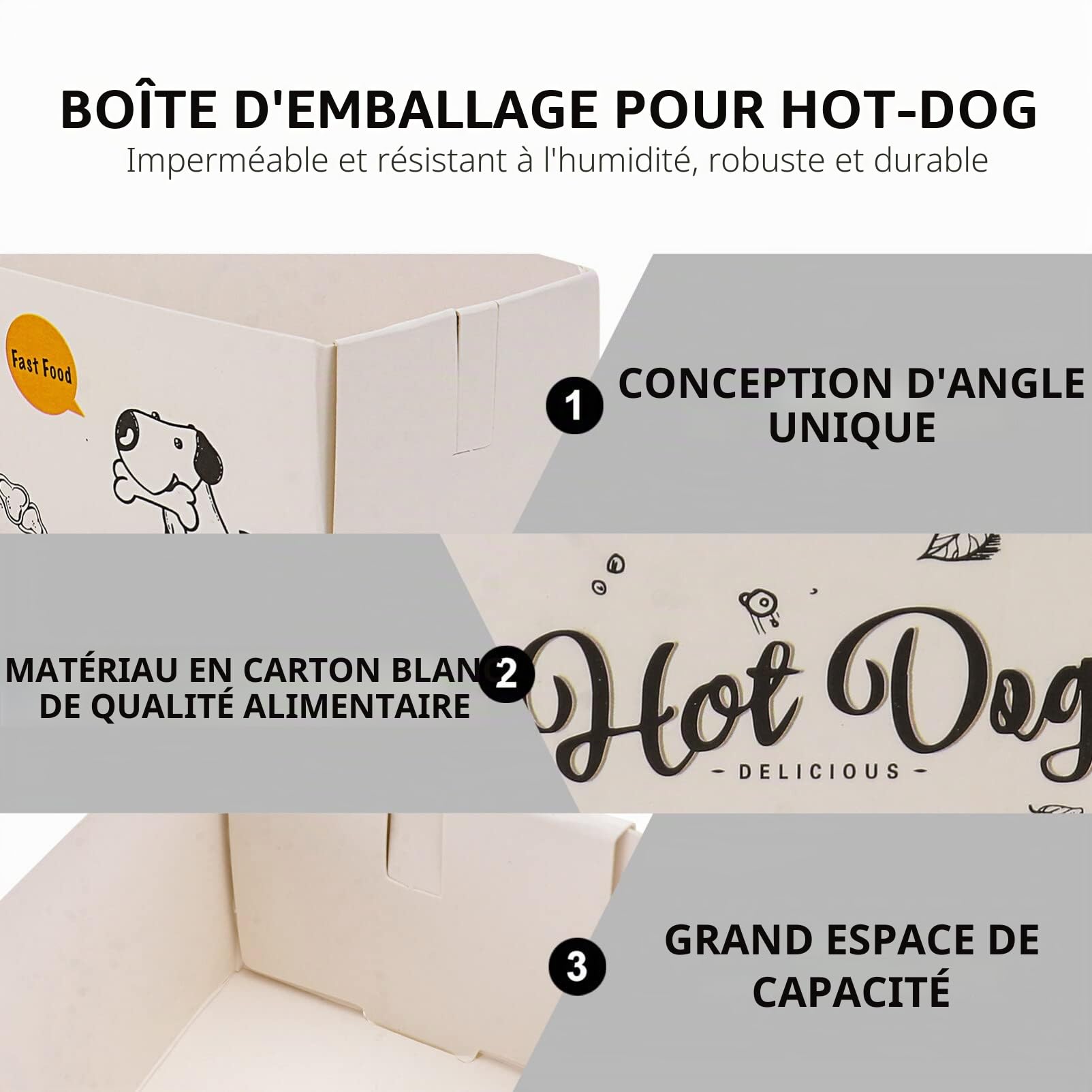 Lot de 100 plateaux jetables pour hot-dog - Pour les fêtes - Papier blanc