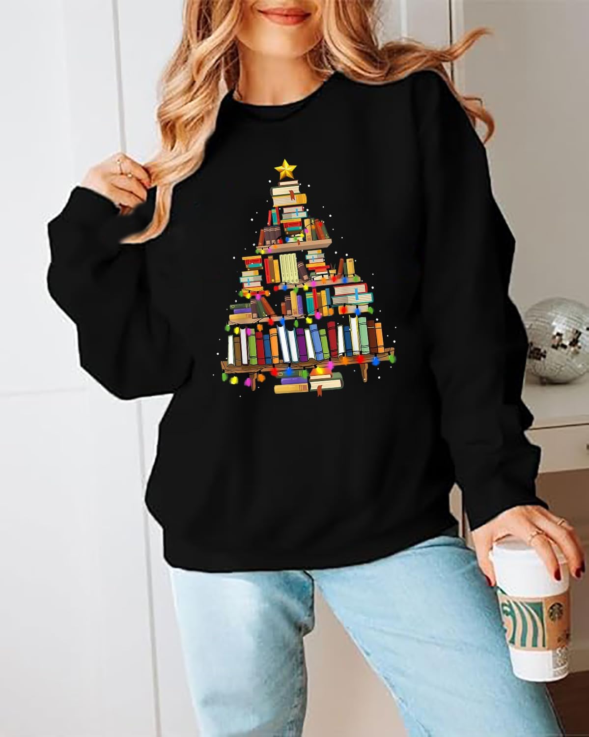 FCDIED Christmas Books Tree Sweatshirt Women Teachers Love Reading Xmas Gift Tee School Christmas Holiday Casual Pullover Top - Image 3