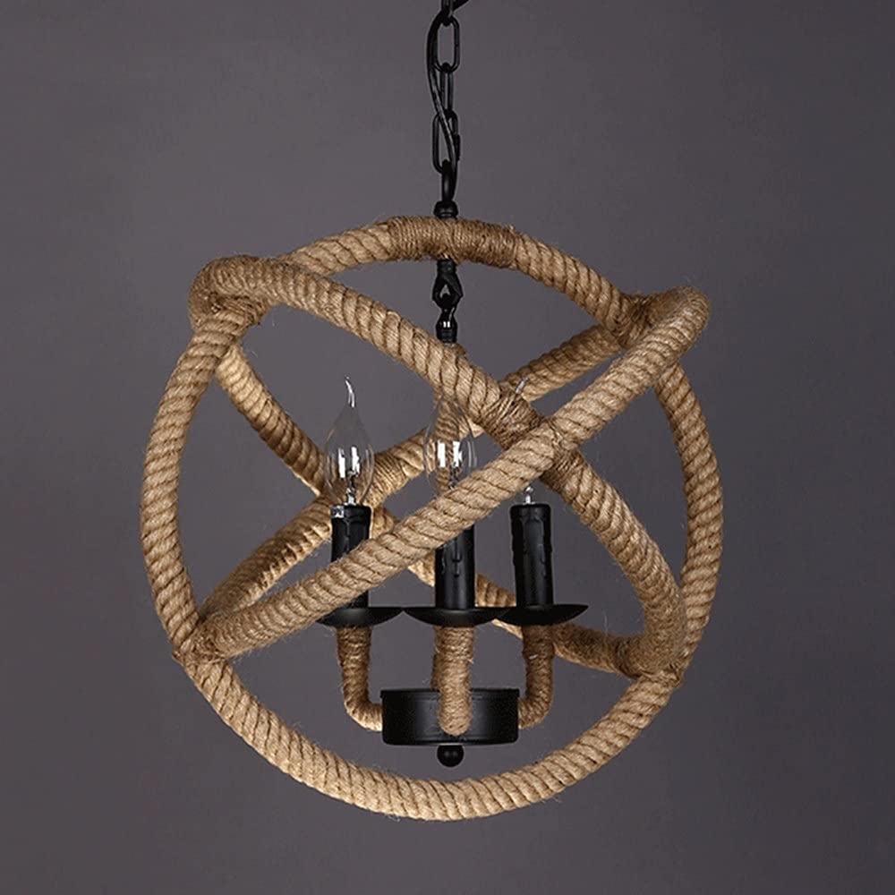 Żyrandol Vintage Retro Hemp Rope Lampa sufitowa Industrial Retro Lampa sufitowa Metalowy żyrandol z konopnej liny Loft Bar E14*3- Wisząca lampa Pastoralna Antyczna lampa wisząca Pe