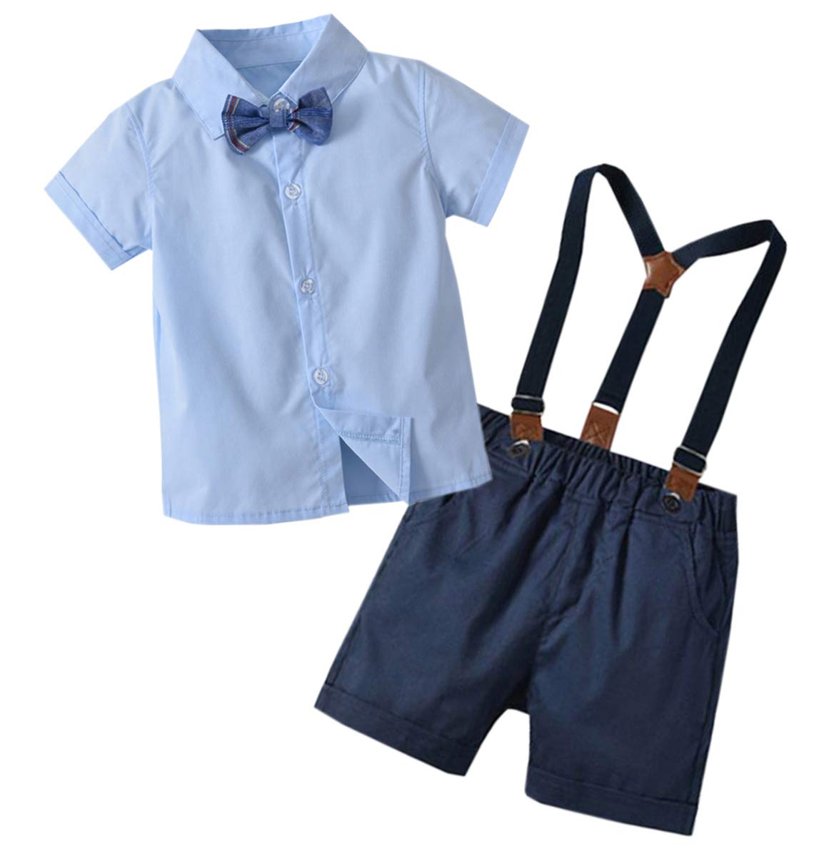 SANGTREEBaby Boys Summer Gentlemen Outfit, Dress Shirt with Bow Tie + Suspender Shorts Clothes for Toddlers Baby & Little Boys, Light Blue, Tag 80 = 9-12 Months