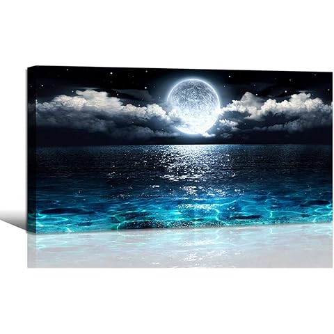 Wall Art Moon Sea Ocean Landscape Picture Canvas Wall Art Print Paintings Modern Artwork for Living Room Wall Decor and Home Décor Framed Ready to Hang,1inch Thick Frame, Waterproof Artwork.