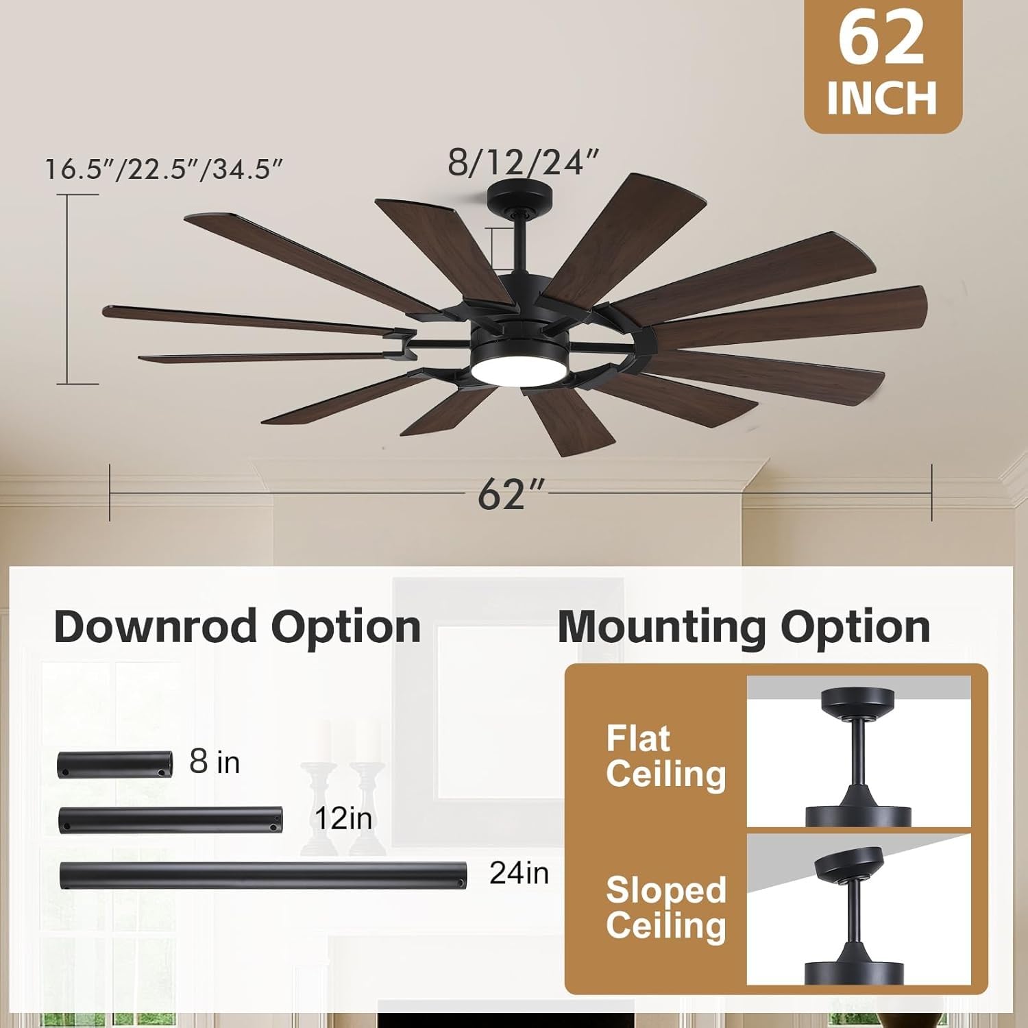 62 Outdoor Farmhouse Ceiling Fan with Lights 12 Blades Dual-Finish Wind Mill Fan 3 Downrods 6-Speed Reversible DC — view 2