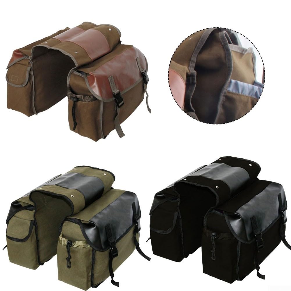 Borsa da bici posteriore in tela con cuciture in pelle, resistente, per pendolari e viaggi, scomparti multipli fissati da chiusura con fibbia (cammello)
