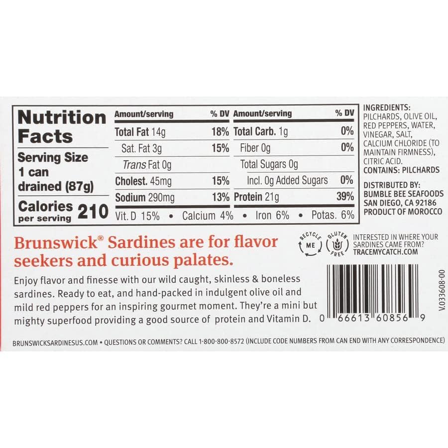 Miniatura 6 de Brunswick Sardinas sin piel y deshuesadas capturadas silvestres, servidas en aceite de oliva con pimientos rojos suaves, 4.4 onzas
