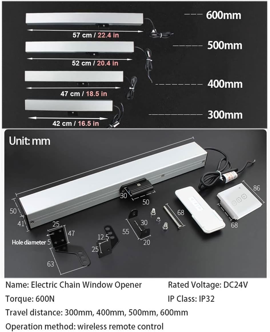 Electric Chain Window Opener Actuator, Automatic Window Opener, Stroke 300mm-1000mm, for Skylight Window Greenhouse and Roof Vent (Color : 24V Motor+Remote+Switch)