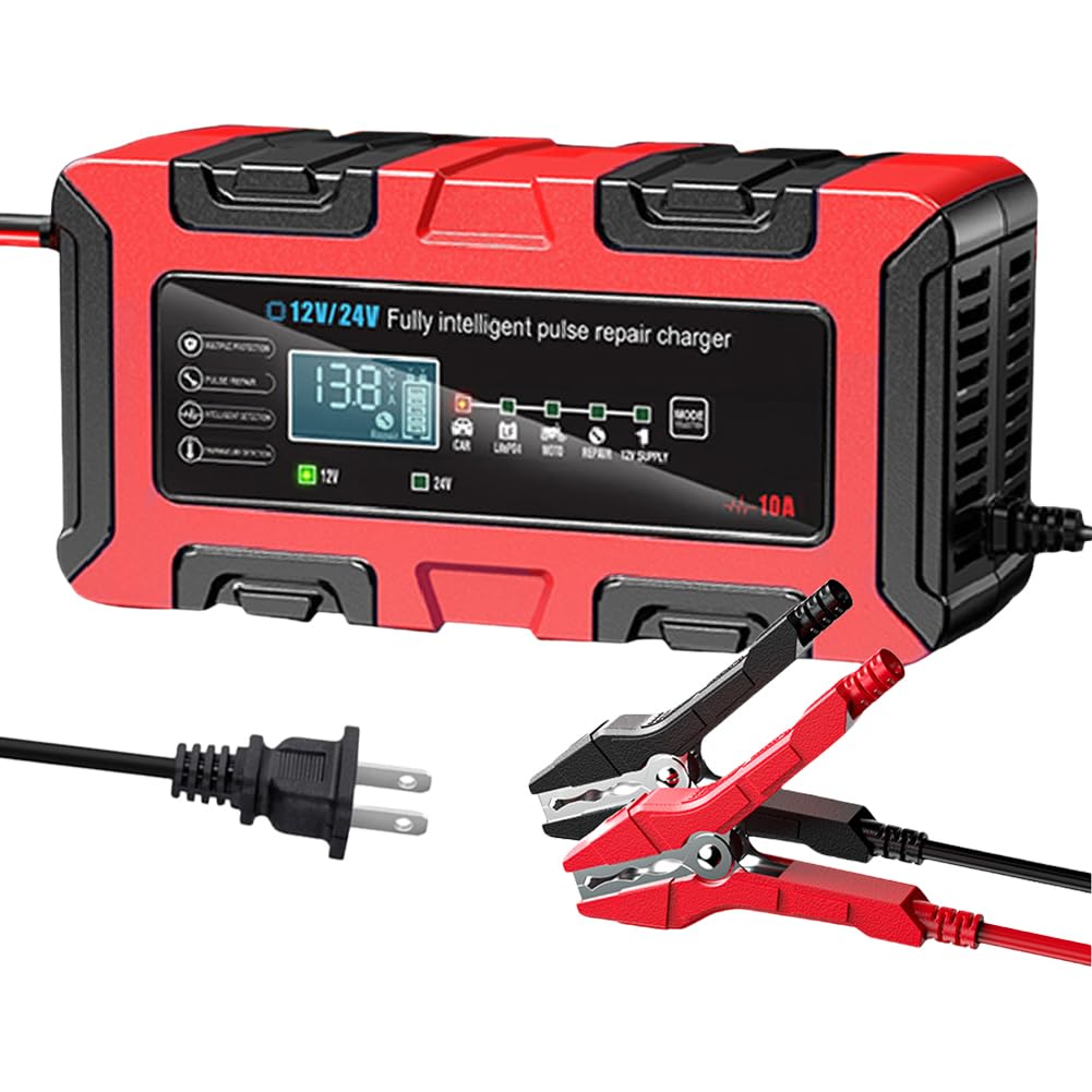 Smart Battery Charger connected to a car battery with red and black clamps
