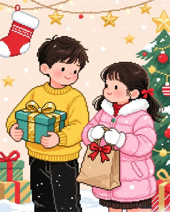 Bcdfgybcaxn Cross Stitch Kits Embroidery Kit for Adults,Boy and Girl Holding Gifts,11CT Cross-Stitch Stamped Kits Needlecrafts for Home Wall Decor Cross Stitch Patterns,16X20in
