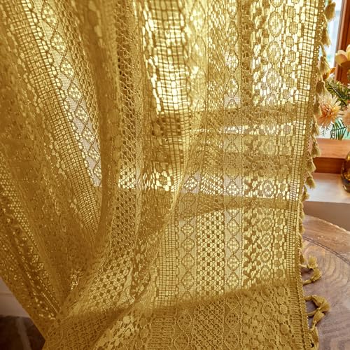 WAZZIO Boho Lace Curtains 84 Inches 2 Panel Light Filtering Privacy Tassel & Geometry Crochet Semi Sheer Curtain Drapes for Bedroom Living Dining Room Rod Pocket & Tassel Mustard Yellow