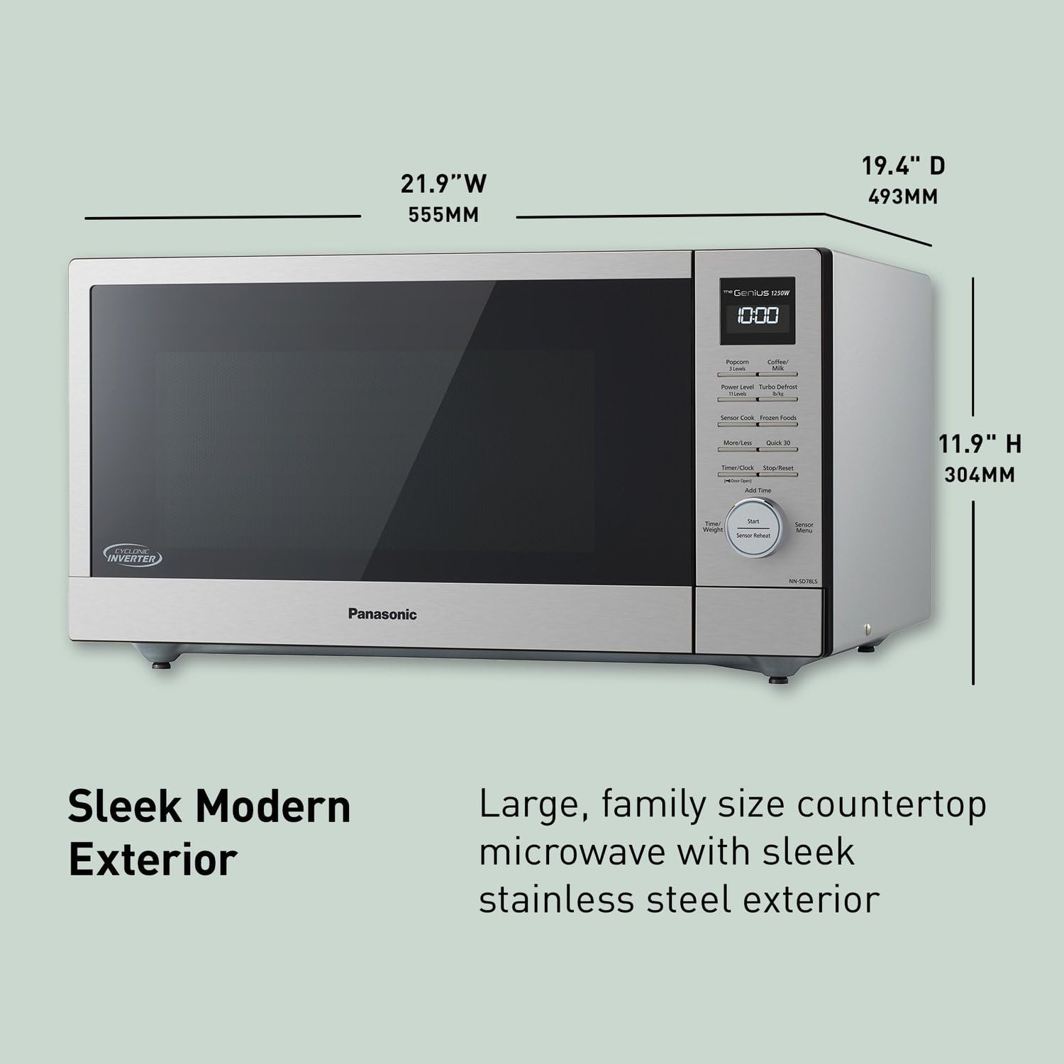 Panasonic NN-SD78LS 1.6 cu.ft Cyclonic Inverter Countertop Microwave Oven 1250Watt Power with Genius Sensor Cooking, cft, 19.44"D x 21.88"W x 11.94"H,Stainless Steel