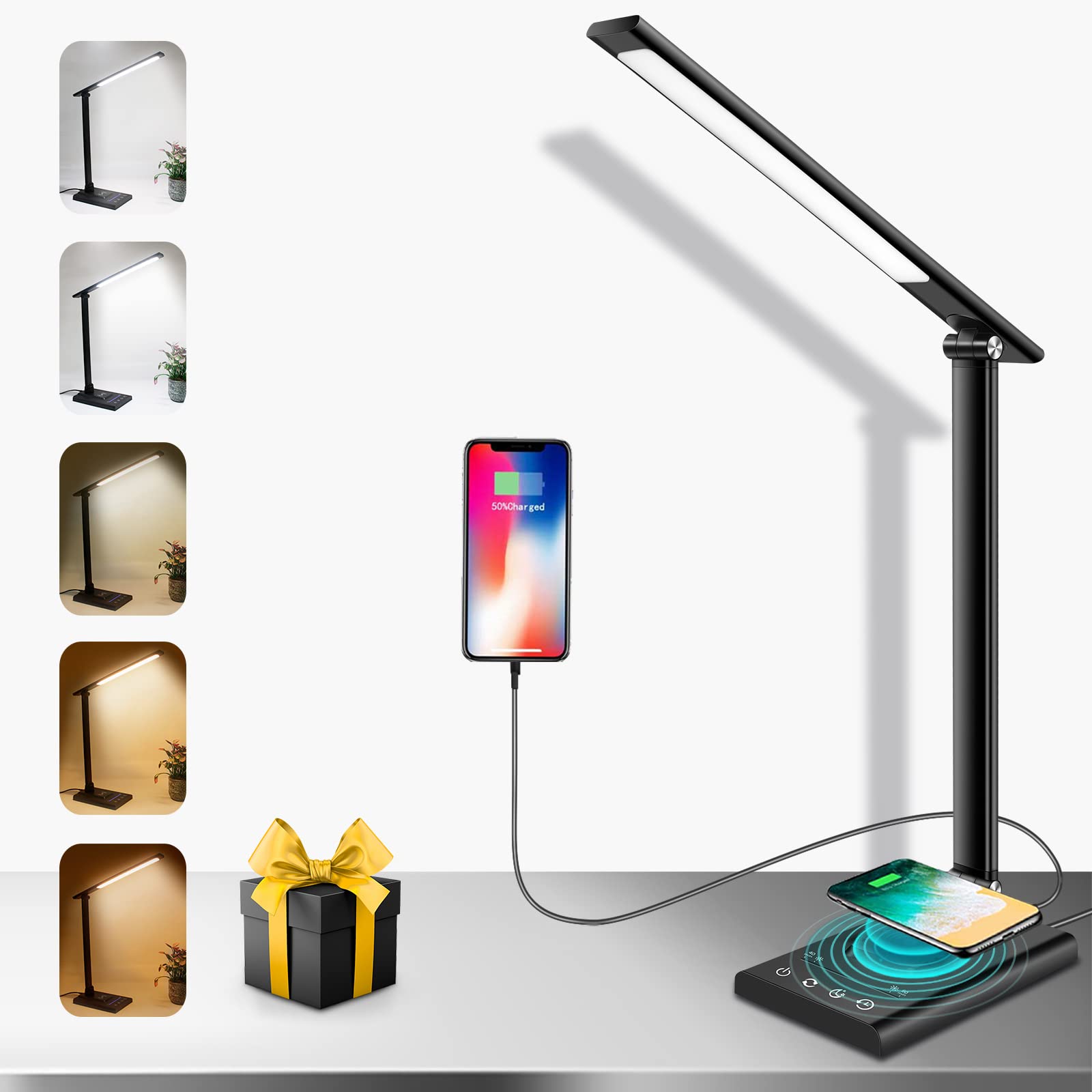 LED Desk Lamp with Fast Wireless Charger & USB Charging Port, 12W Table Lamp with 35 Adjustable Lights, Touch Control & Memory Function, Led Desk Light for Home Office, Reading, Studying (Black)