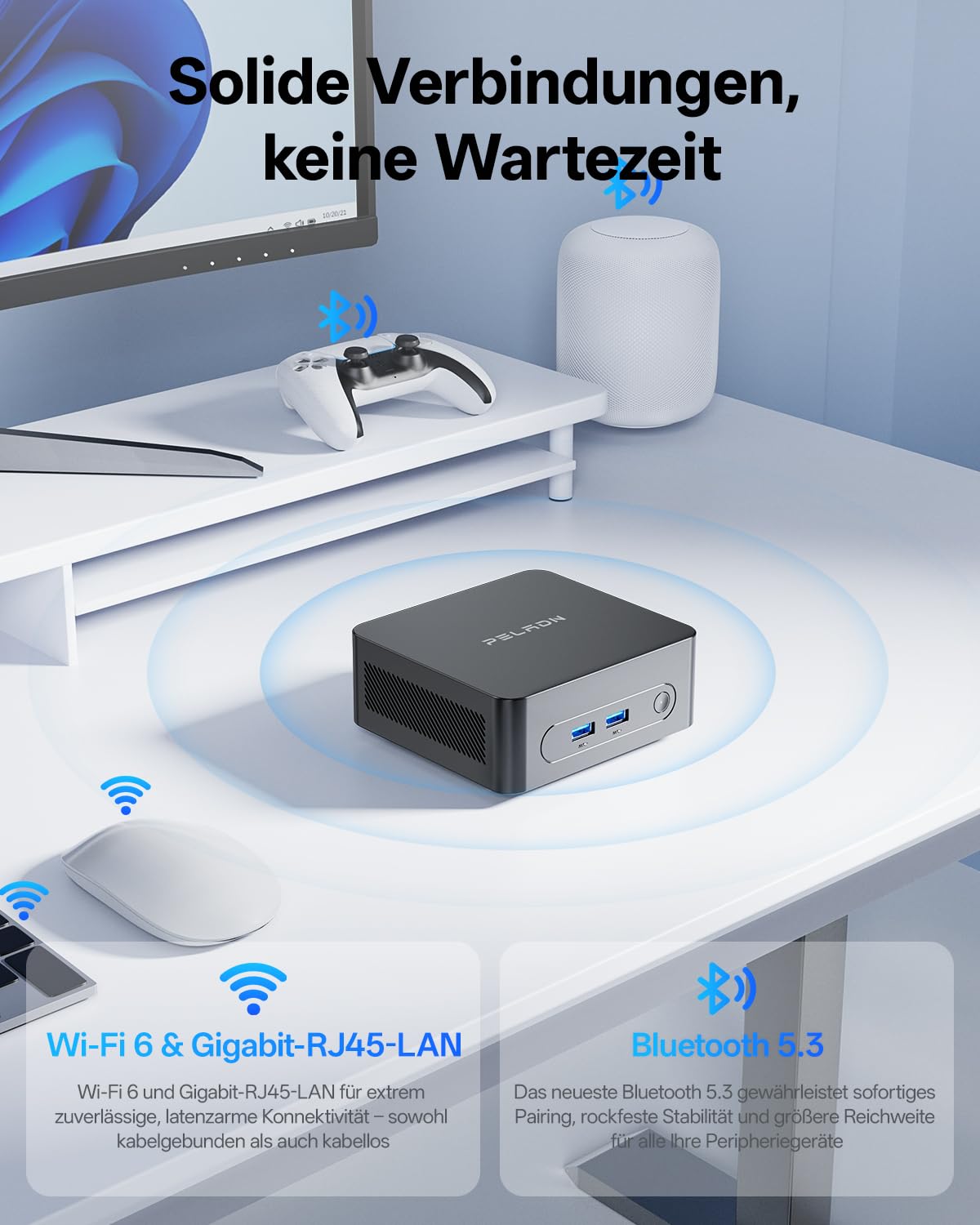 PELADN WI7 Business Mini PC, Intel 7505, 8GB LPDDR4, 256GB SSD | N100/N150-Alternative, SSD bis 4TB, 5× USB, 3× 4K, Type-C/HDMI, Wi-Fi 6, BT 5.3, 3 Jahre Garantie für Zuhause und Studium