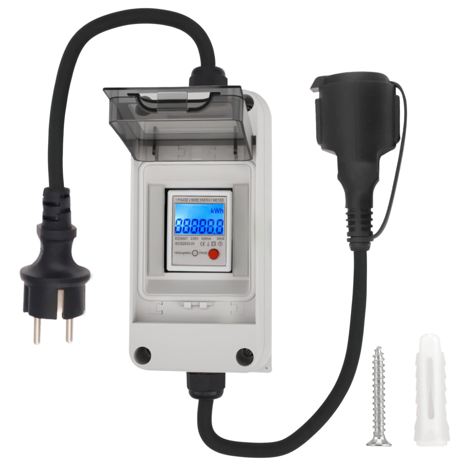 Contador Eléctrico Digital Móvil para Enchufe de 230V 16A, Impermeable IP65 Medidor Digital Portátil de Electricidad con Reinicio para Autocaravanas, VehíCulos Eléctricos, Hogares, Cable de 1 M