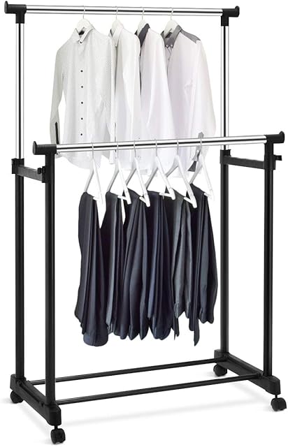 CASART Adjustable Garment Rack, Single/Double Rolling Clothes Organizer with Wheels, Rail Mobile Storage Clothing Stand for Home and Office (Double Rail)