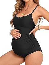 CUPSHE Women's Scoop Neck One Piece Maternity Swimsuit Scalloped Lace Up Criss Cross Bow Pregnancy Bathing Suit