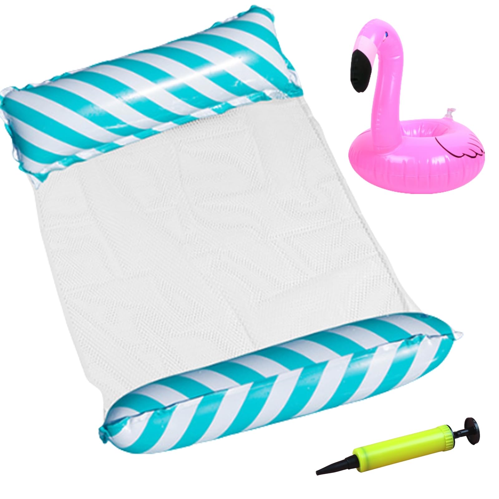 MUNSKT 1 Pack Light Blue Striped Inflatable Pool Hammock Set, Includes Air Pump & Flamingo Cup Holder