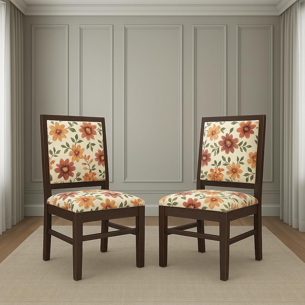 HANDWOOD FURNITURE | Modern Home Furniture | Solid Wood Set of 2 Dining Study Chair | Walnut Finish with Cream Flower Printed Cushions | Pre Assembled (Ready to Use | 1 Year Warranty |
