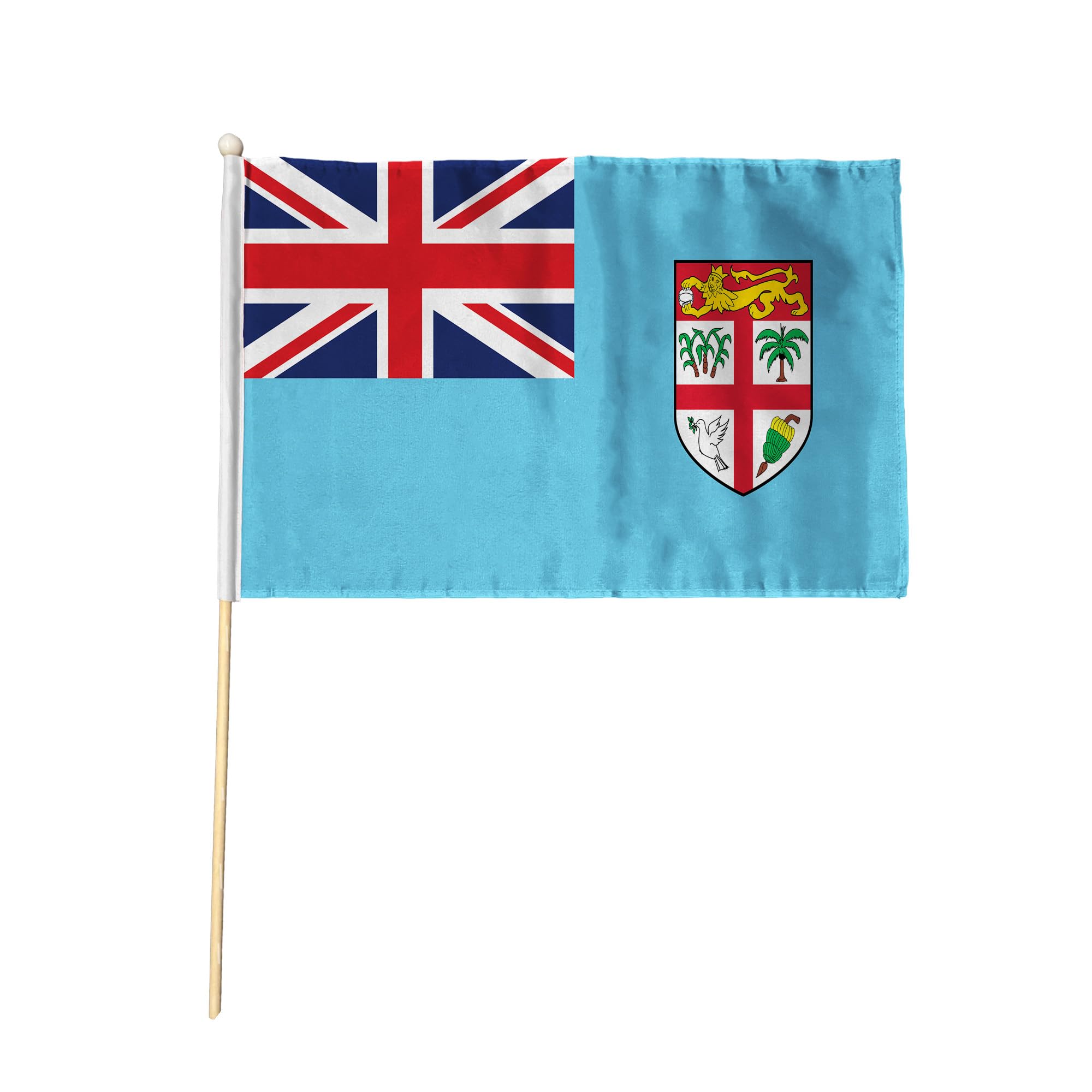 Flagtex Fiji Hand Waving Flag (9x6 Inch) - Premium Wooden Stick Hand Flag 9x6 Inch Natural Wood Pole Pacific Island Light Blue Union Jack Shield Coat of Arms Flag Events Parades