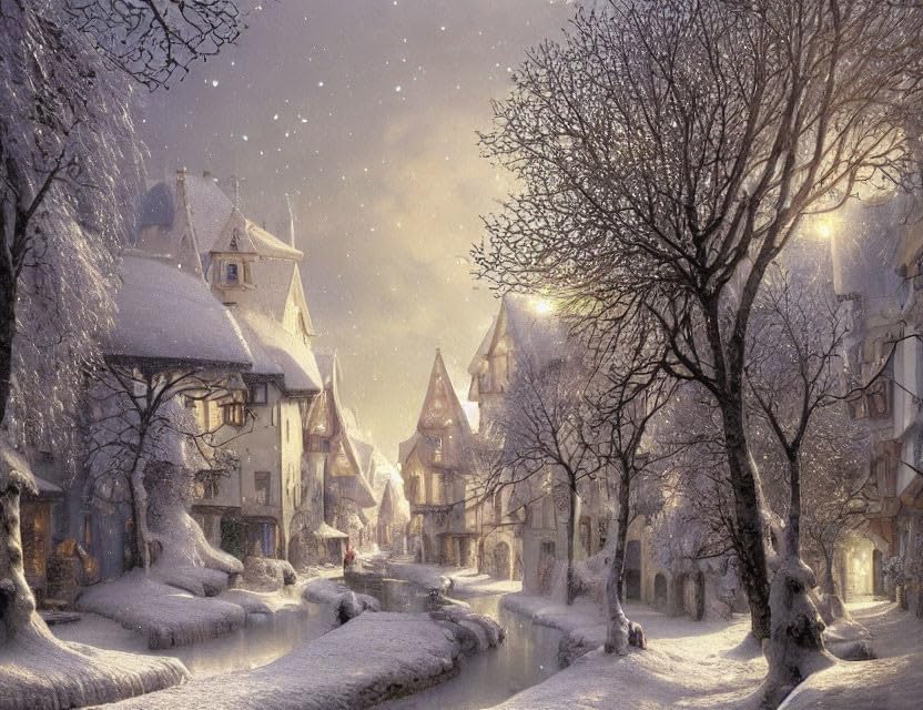 Poster sur toile haut de gamme village médiéval hiver d'art SERENDIPITP 58x90