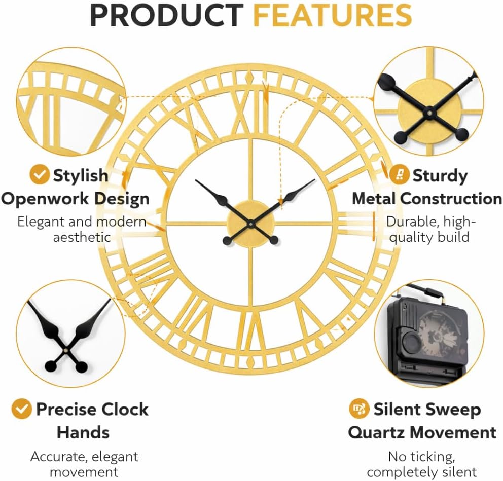 Large 32 Inch Gold Metal Wall Clock, Oversized Farmhouse & Cottage Style Decor, Roman Numeral Decorative Clock, Home Decor, Gift