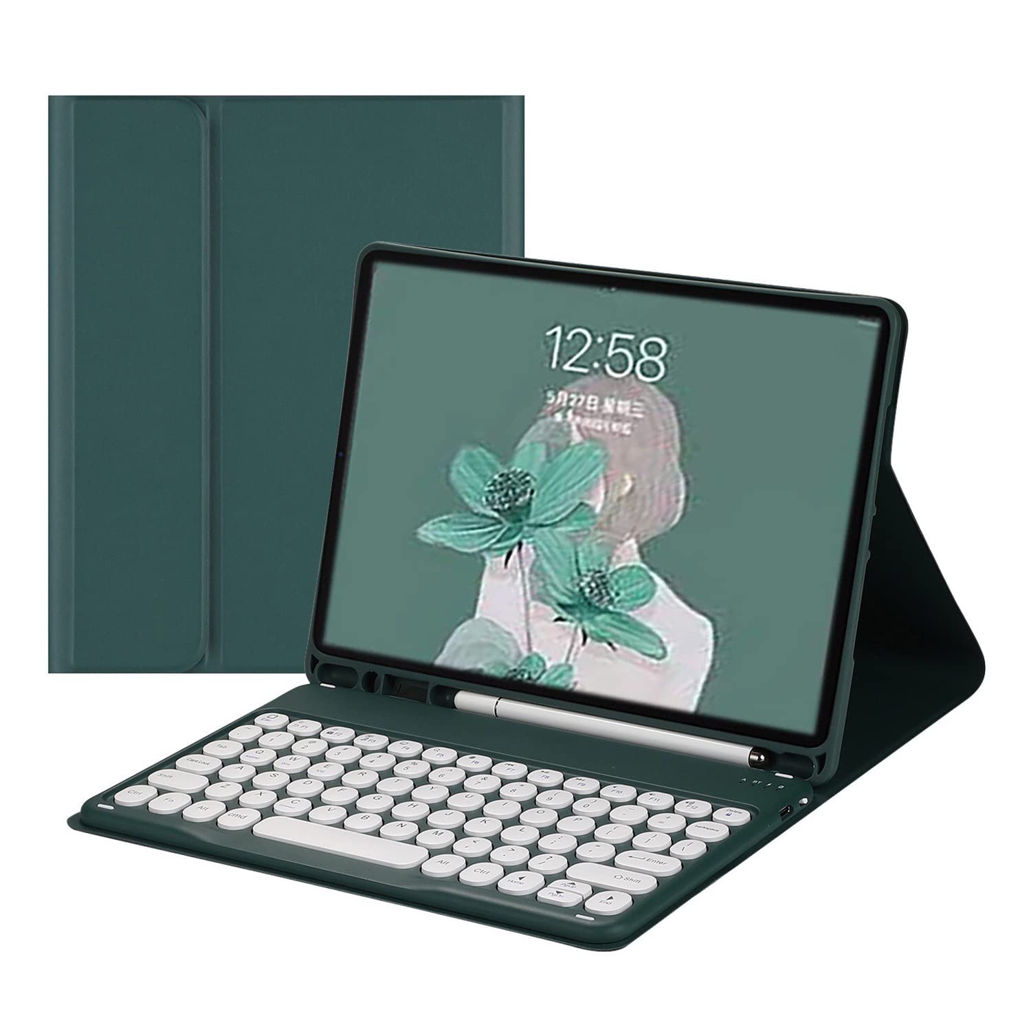 Étui de clavier pour iPad 9ème, 8e et 7e génération, clavier rond, Air 3 Pro 10.5 Étui à rabat avec support pour stylet, clavier anglais amovible pour iPad 10,2 pouces, DrakVerde