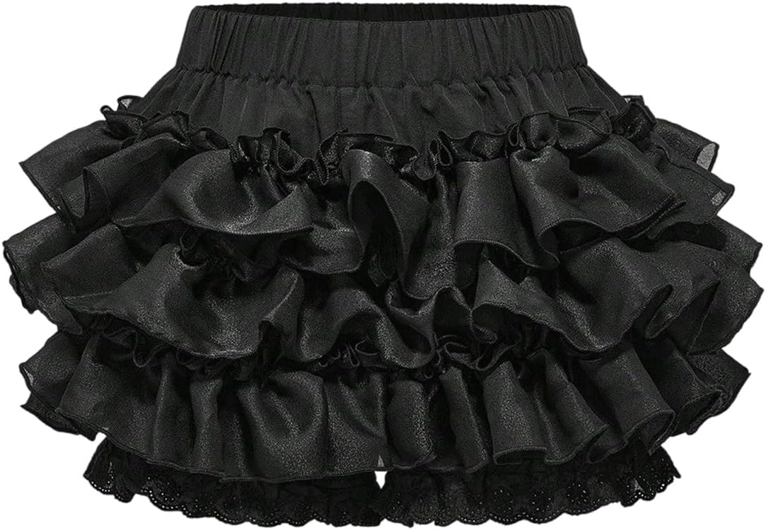 GORGLITTER Women's Ruffle Lace Mini Shorts Y2K Multi Layered Lolita Bloomers Pumpkin Pants