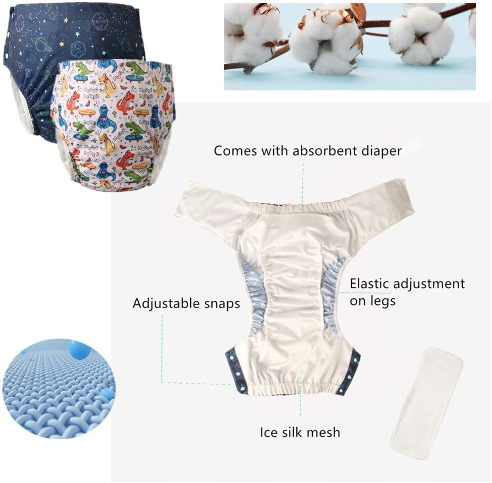 Unisex Reusable Adult Waterproof Cloth Diapers with Diaper Inserts,Adjustable Incontinence Pocket Diaper with Snaps,Incontinence Underwear,Anti-Side Leakage Diaper Pants(Dinosaur,XXL)