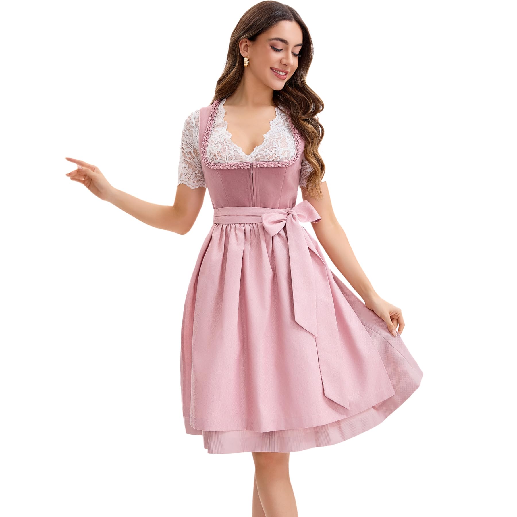 Goxozzy Dirndl Damen Midi aus Samt mit Dirndlschürze für das Oktoberfest Lang Trachtenrock Größen 34-44 Rocklänge 60cm Rosa