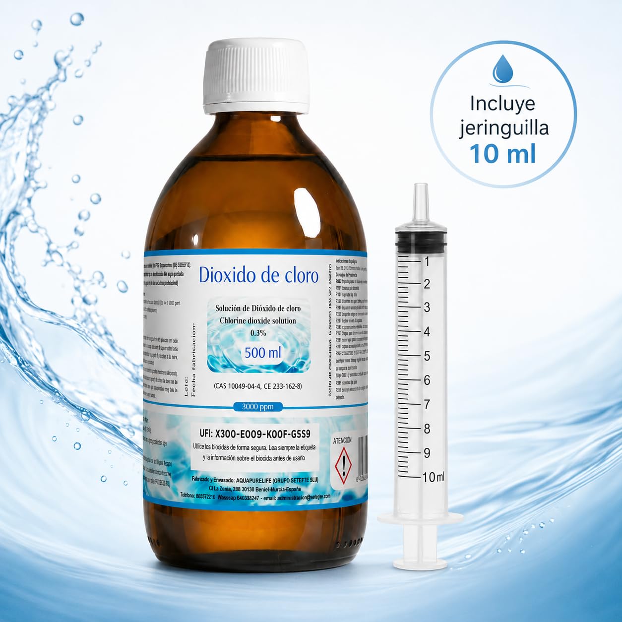 Dioxido de Cloro 3000ppm - CDS 0,3% - Envasado en Botella Cristal Ambar - Fabricado en España (500ml)