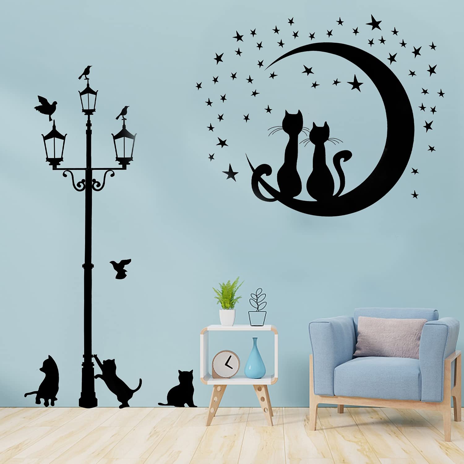 2 piezas calcomanías de pared negras con gatos, autoadhesivo para decoración de paredes farola estrella gato pegatinas adhesivas murales para sala estar dormitorio habitación de niños pasillo ventana