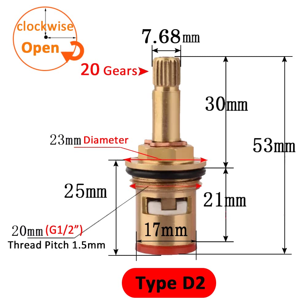 Faucet Ceramic Stem Cartridge Valve, G1/2" Brass Tap Ceramic Disc Cartridge Replacement for Bathroom Kitchen (Type D2- H53mm) - Image 2