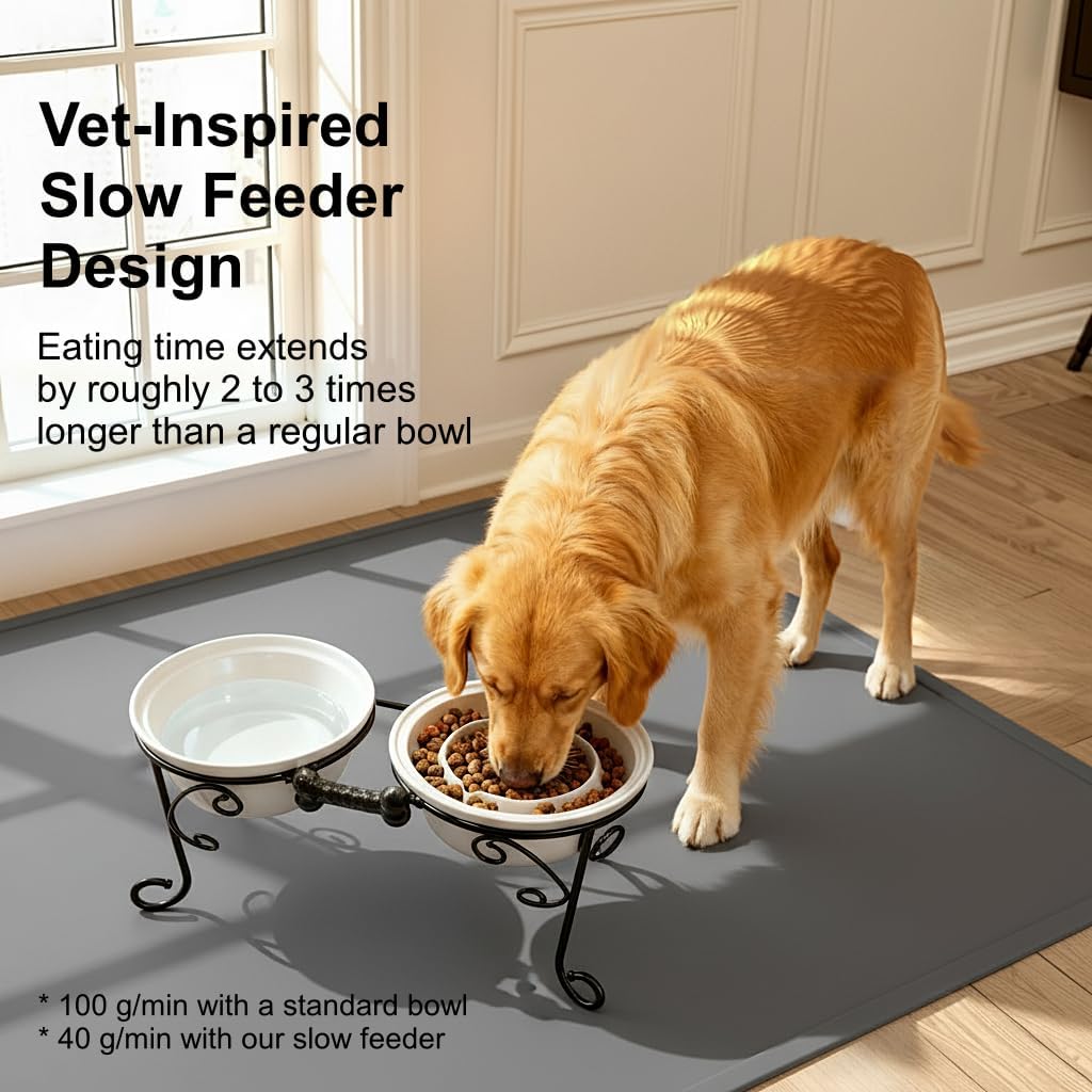 Elevated Dog Bowl Stand with 3 Large Ceramic Bowls – Raised Feeding Station for Medium & Large Dogs, Includes 2 Standard Bowls + 1 Slow Feeder, Durable Iron Frame, Non-Slip (White)