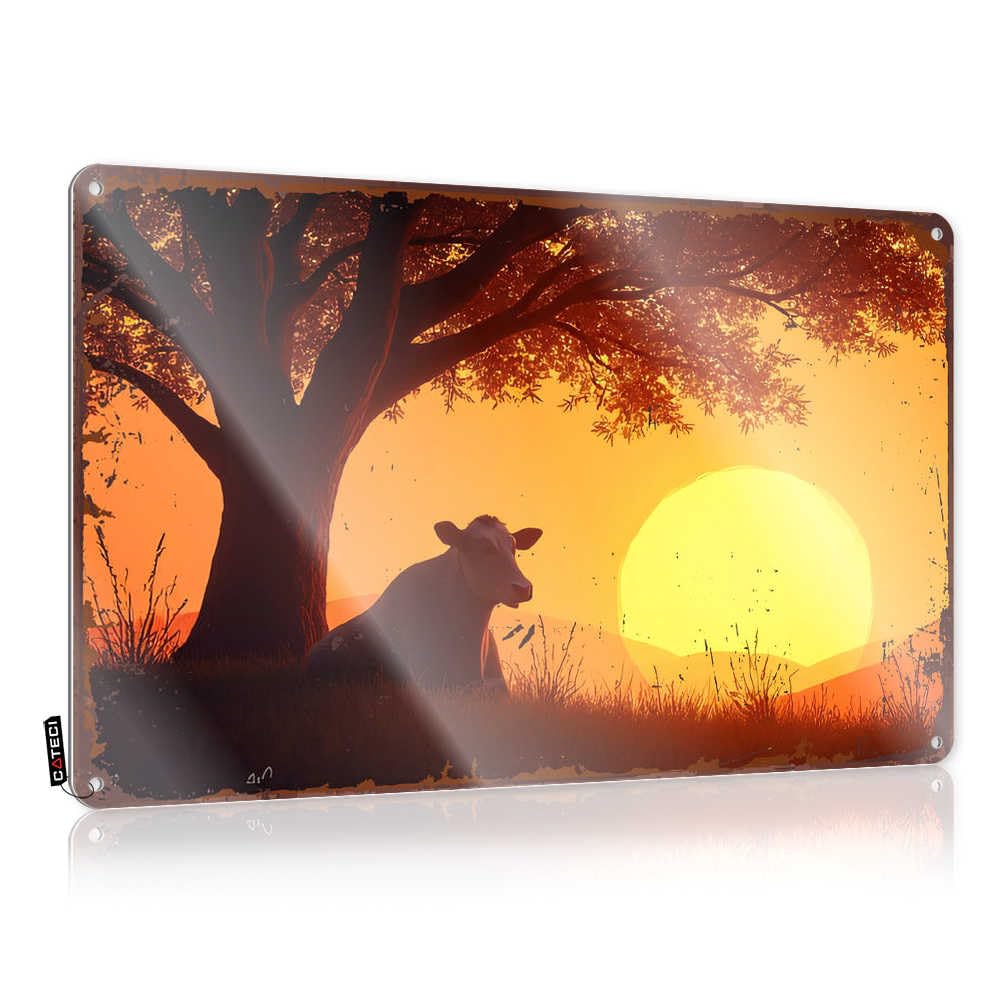 Fzfn Colour Matal Sign Reusable Waterproof Artwork, Simple Retro Print For Cafe Pub Room | Holiday Pre-Drilled Custom Sunset Serenity: A Cow Under The Tree(20X30cm)
