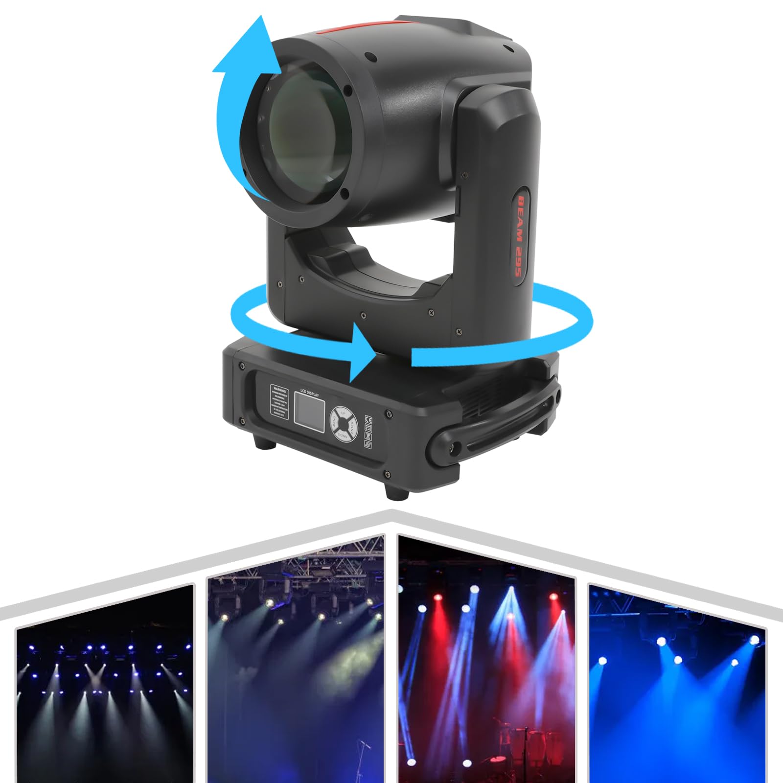 Światło sceniczne Moving Head Beam, 295 W, 8000 K, DMX512, oświetlenie imprezowe dla DJ, 17 wzorów światła, wiązka / gobo/pryzmatyka/stroboskop/ściemnianie, regulowana jasność, 4 tryby sterowania