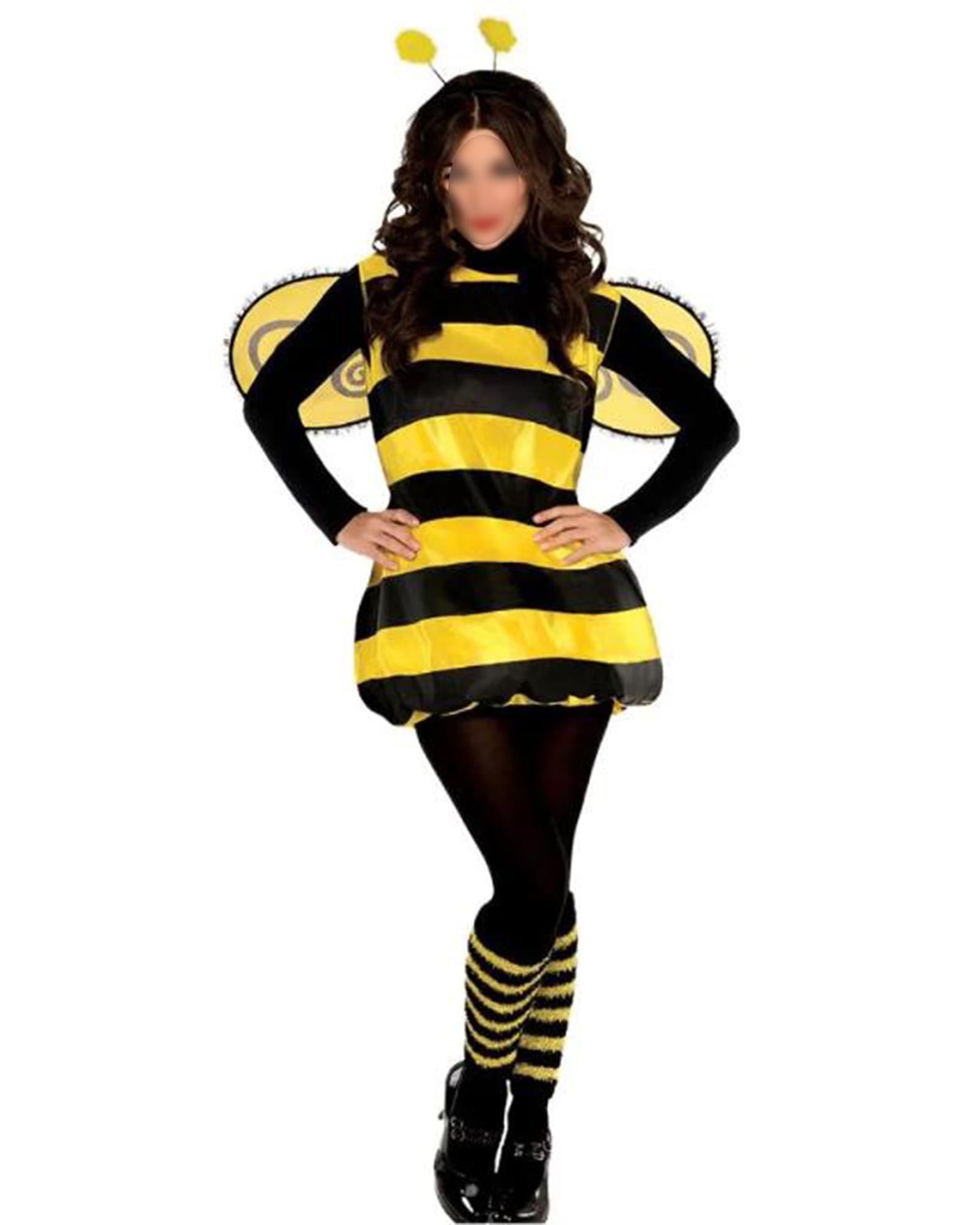 Women Halloween Bee Cosplay Costume Sleeveless Bumble Bee Dress with Wings Headband Knee High Socks Party Carnival Outfits (Black G, L) — image 1