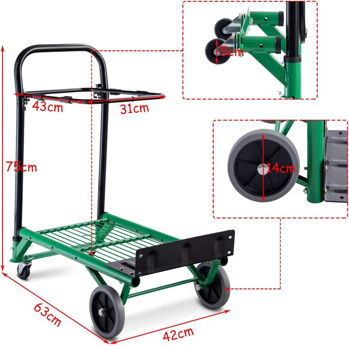 COSTWAY Wózek transportowy 2 w 1, składany, obciążenie do 90 kg, regulowana wysokość, stalowa rama, układający się w stos, wózek schodowy