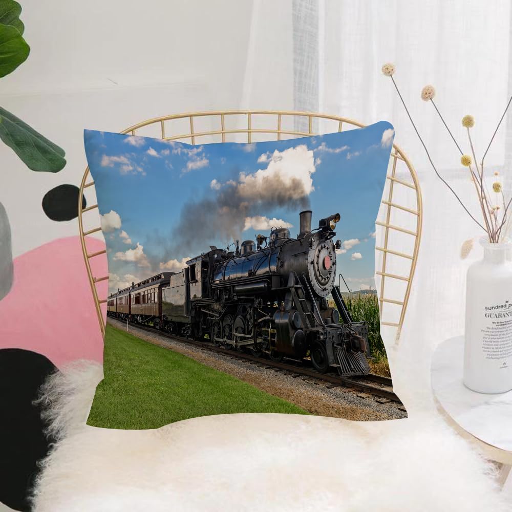 Hyosxw Steam Engine Vintage Black Locomotive In Cou - A4 Cushion Cover,Throw Pillow Case Home Decorative For Living Room Bedroom Sofa Chair 18X18 Inch,Steam Engine Vintage Black Locomotive In Countryside Landscape Green Grass Puff,Pillowcase 45X45cm