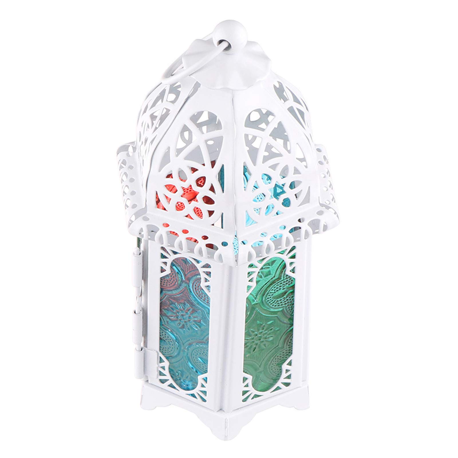 JOUDOO Iron Candle Lantern with Glass Panels, Vintage Moroccan Style Candle Holder for Pillar Candles for Party Halloween Event Wedding Outdoor Home Decor (White)