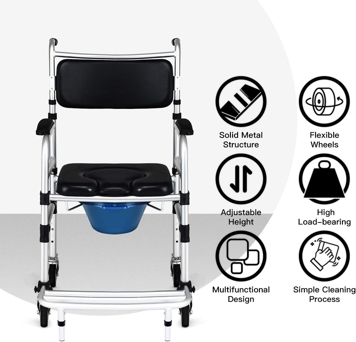 Goplus 4 in 1 Shower Commode Wheelchair, 330lbs Bedside Commode Chair for Toilet with Arms, Portable Rolling Shower Chair with Wheels for Elderly Disabled Handicap Adults Bariatric
