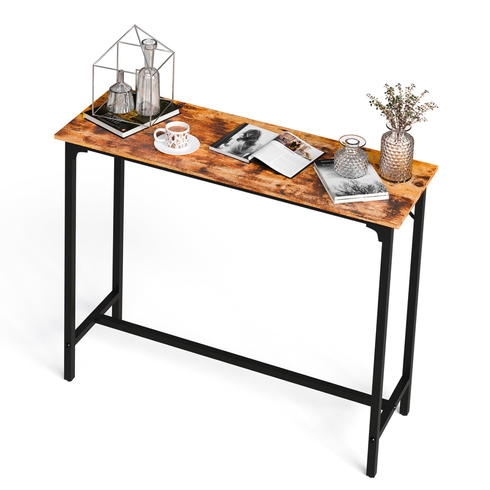 Bonnlo 110cm Bar Table, Pub Breakfast Table with Metal Frame, Narrow Rectangular High Table for Kitchen Dining Living Room Small Space, Brown
