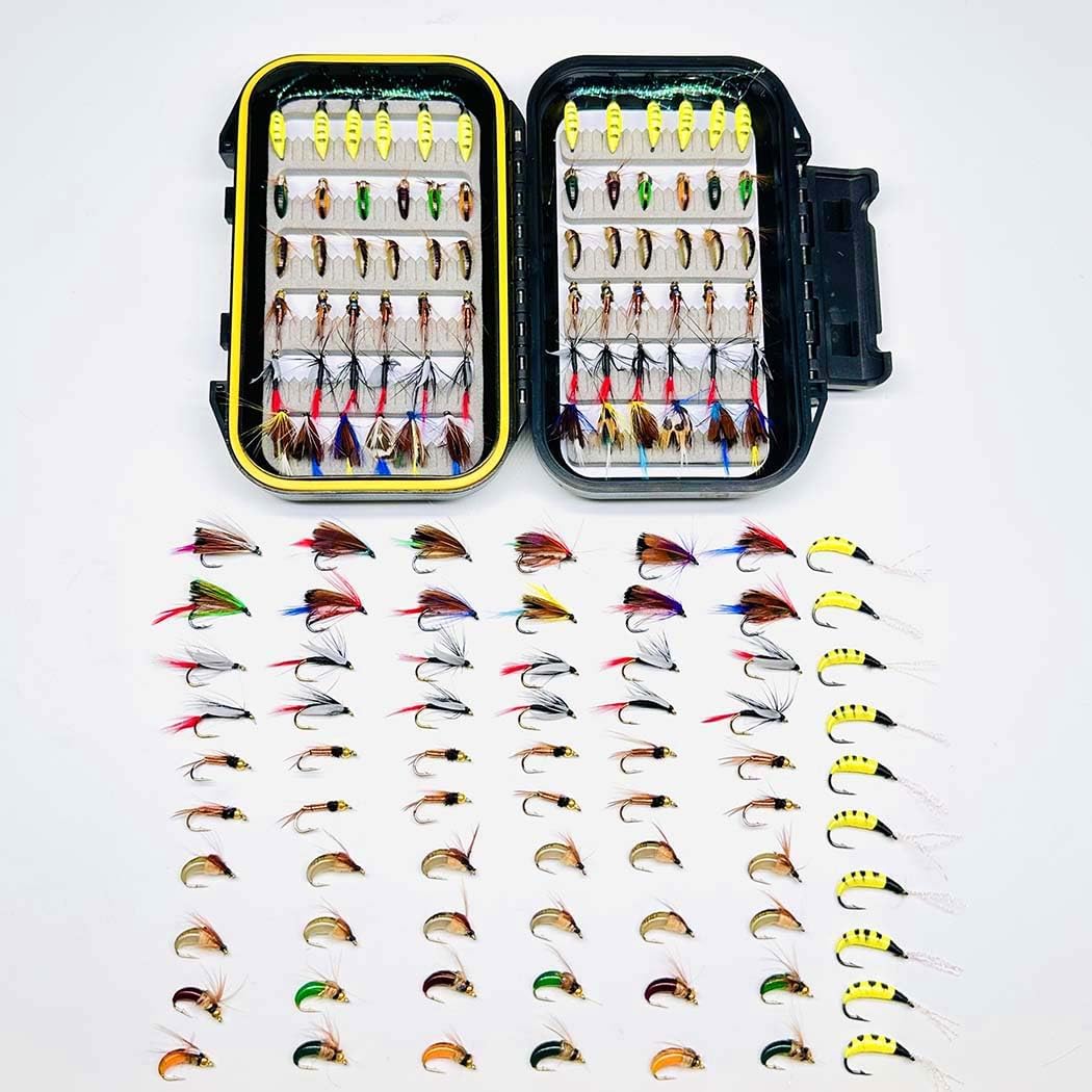 71Pcs/Box Fly Fishing Flies Kit Artificial Insect Lures Fishing for Bass Salmon Trouts Dry/Wet Flies Fishing Bait Tackle