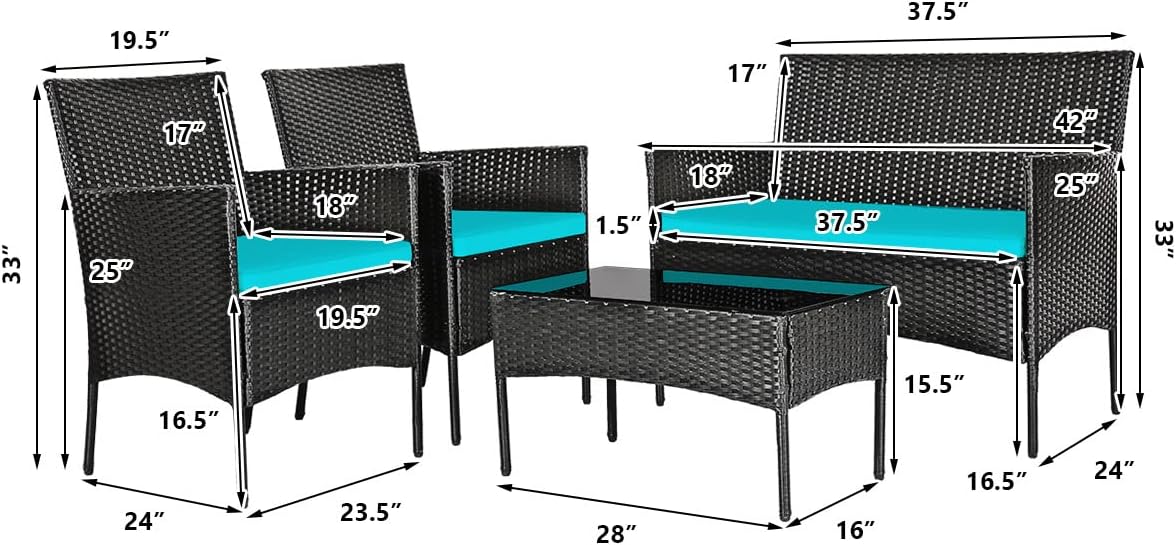 4 Pieces Patio Furniture Set, Outdoor Conversation Set with Ergonomic Curved Backrest, Patio Chair Set with Water-Resistant Cushion & Tempered Glass Table for Balcony,Porch (Turquoise)