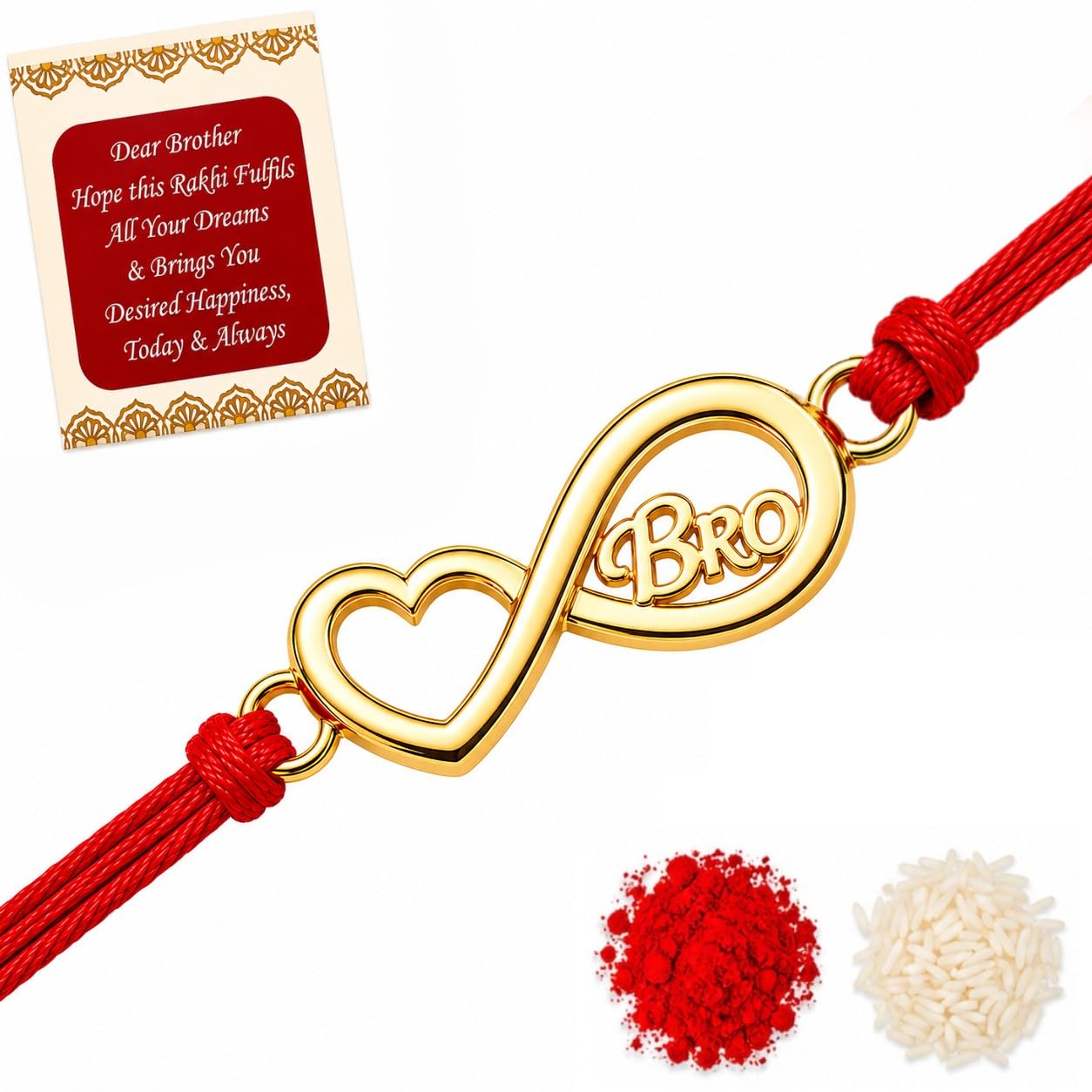 Golden Plated Heart Infinity BRO Rakhi for Brother with Greeting Card, Roli & Chawal | Designer Wristband Bracelet for Bhai, Bhaiya | Raksha Bandhan Gift Set Hamper-image-26