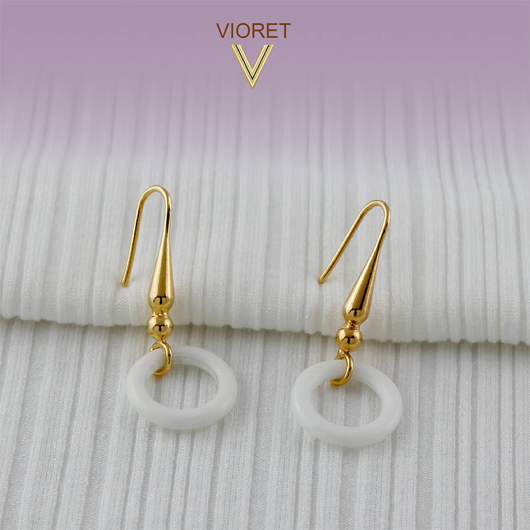 Pendientes de Aro y Piedra de Ágata para Mujer Chapados en Oro de 18K- Diseño Artesanal (Medida aprox. 4 cm de largo. Piedra de ágata blanca en forma de aro de 16 mm)