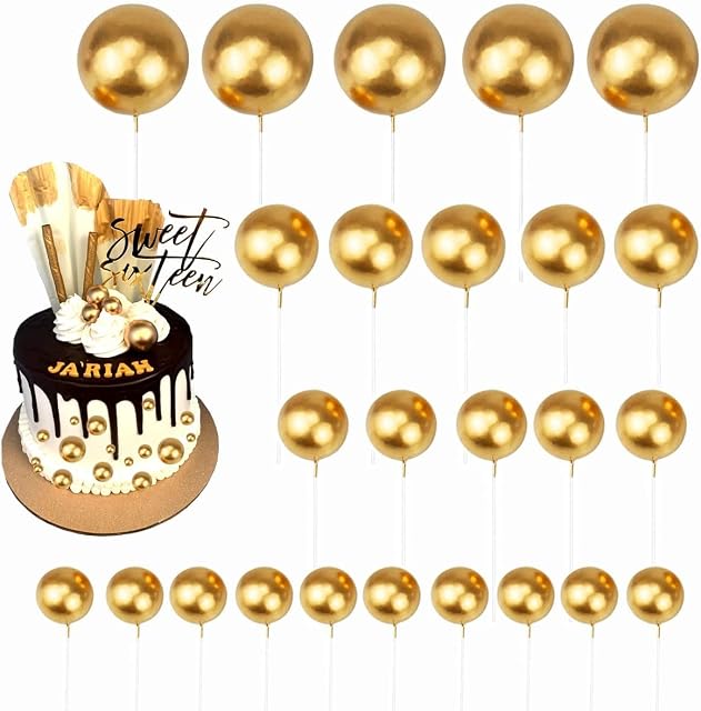 Wancala 40 Pcs Round Ball Cake Toppers - Round Gold Foam Mini Cupcake Toppers, Craft DIY Bakeware Decorating Tools for Birthday Party Wedding Supplies Baby Shower Decor