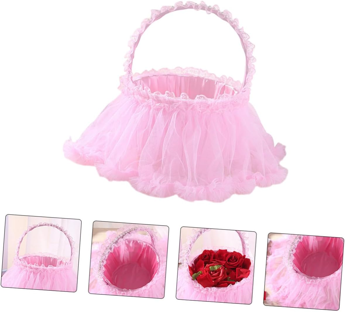 Healifty Wedding Lace Flower Girl Basket Pink with Handle Scatter Petal Basket for Wedding Ceremony and Party Supplies