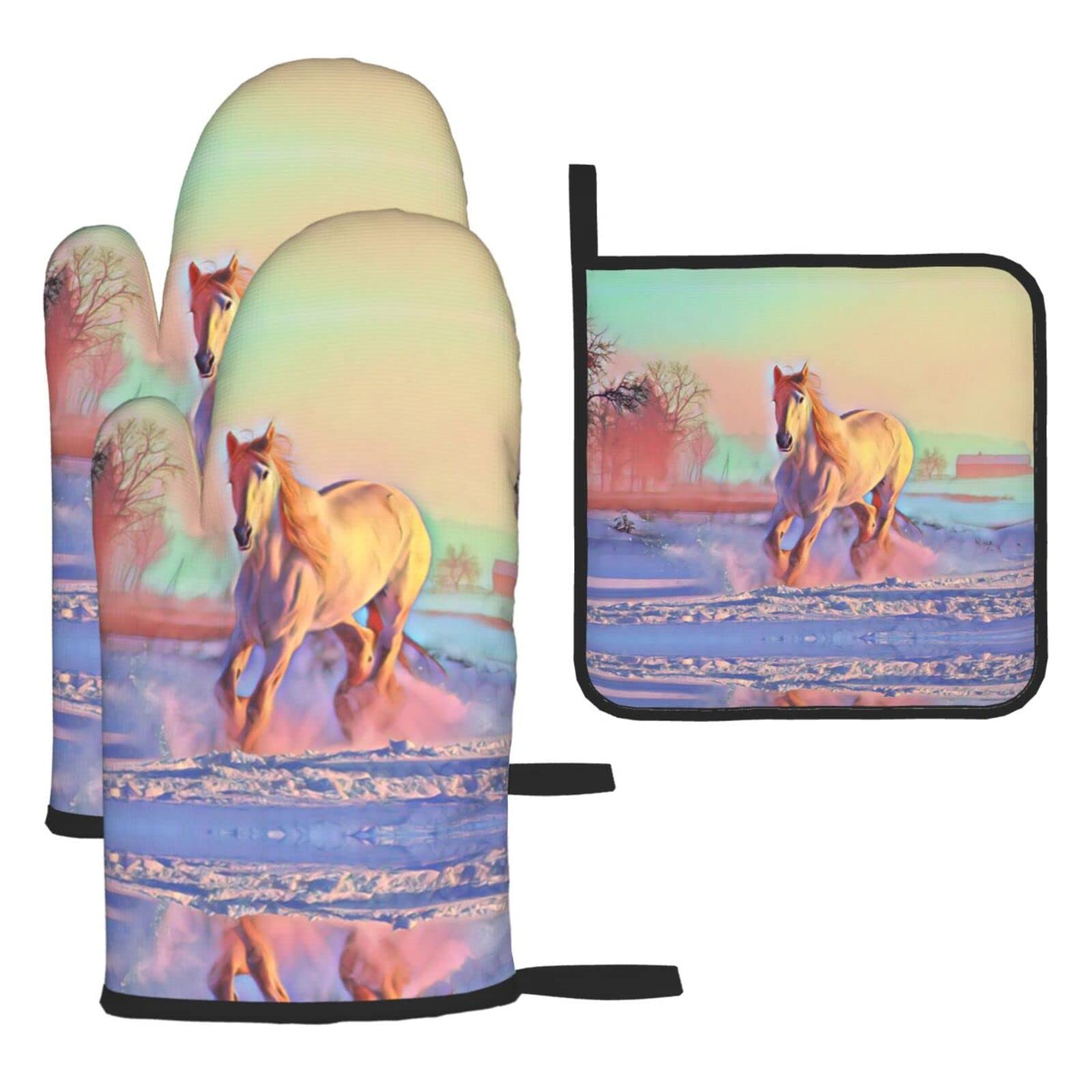Horse Oven Mitts and Pot Holder Kitchen Set for Grilling, Cooking, Baking, Heat Resistant