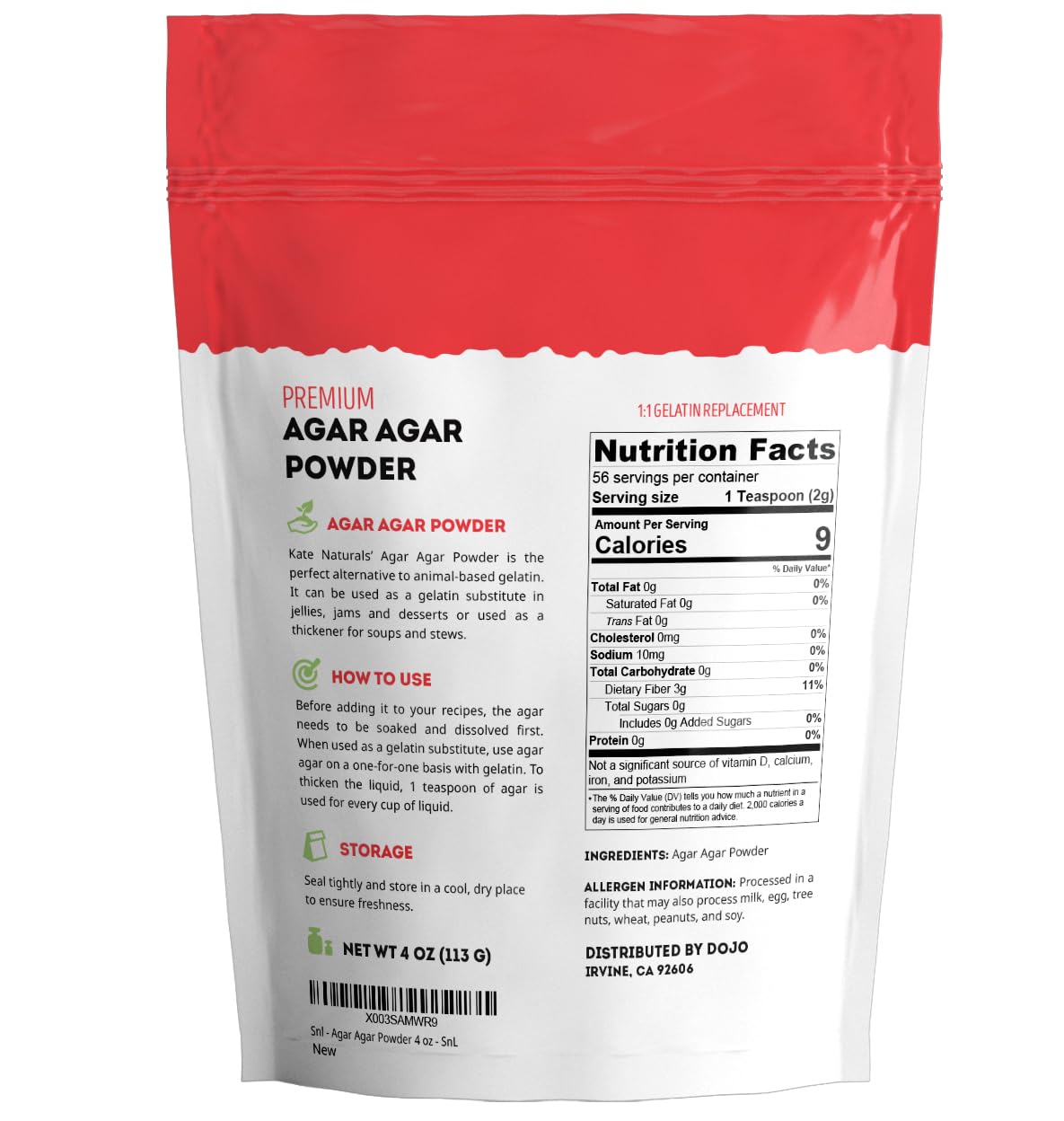 Agar Agar Pulver für Veganer und Backen von Kate Naturals Vielseitiger Verdickungsmittel & Gesunder Gelatinersatz Keto-freundlich, nicht-GVO, glutenfrei, geruchloses Pulver 118 ml