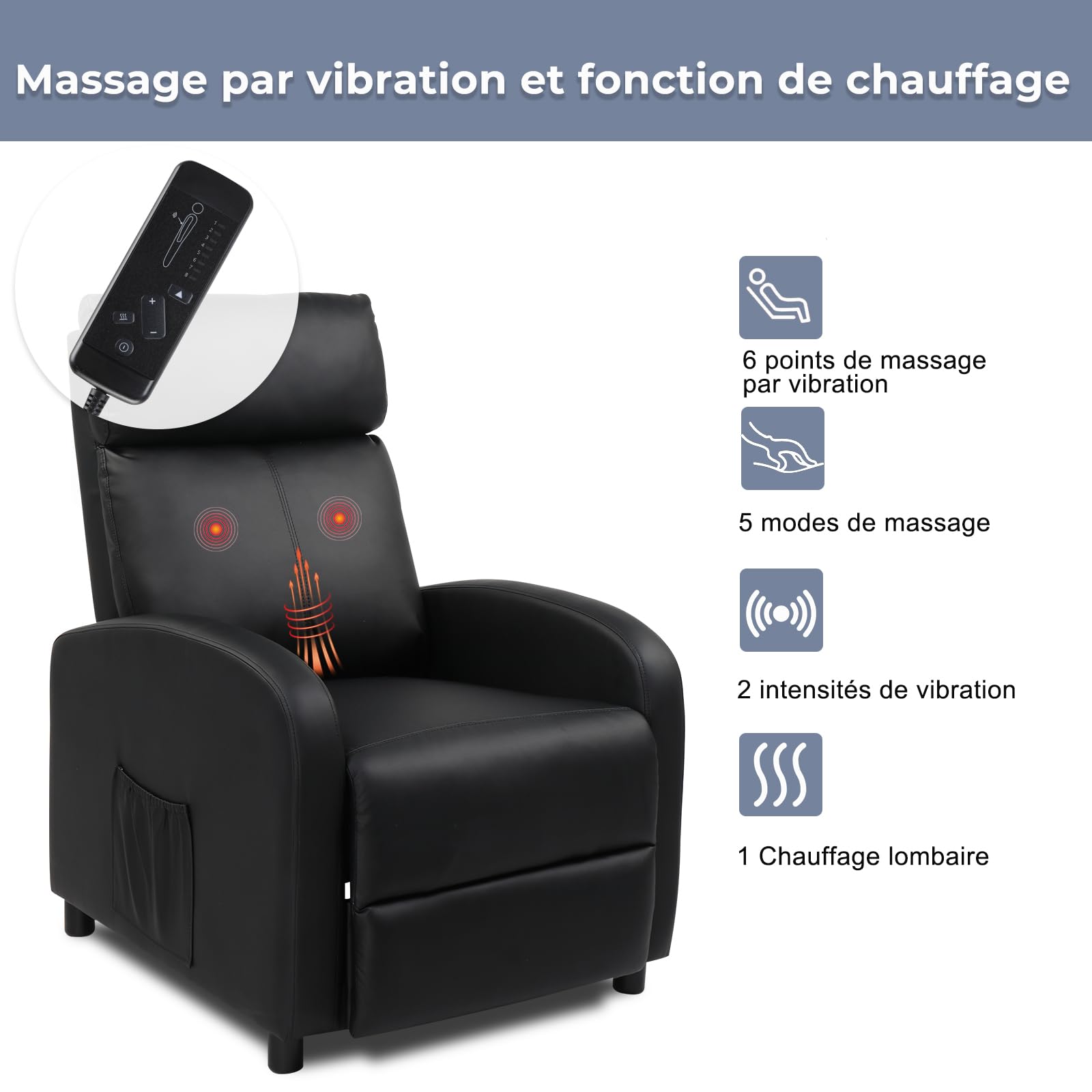 LEADZM Fauteuil Inclinable avec Massage Électrique, Chauffage et Dossier Basculant à Commande Manuelle – Fauteuil Relax pour Chambre, Salon et Home-Cinéma (PU, Noir)