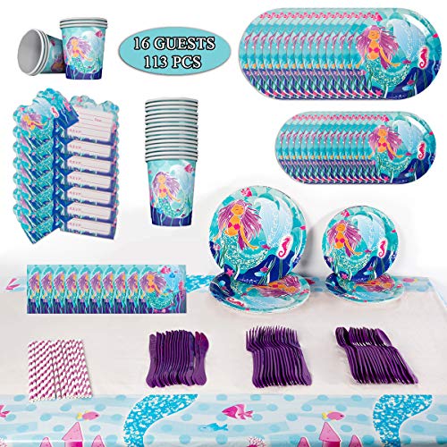 Mermaid Birthday Party Supplies Decorations Favors, Tablewares Serve 16 Guests, Tablecloth, Napkins, Invitation Cards for Under The Sea Theme Party Kit Decor For Girl's Baby Shower- 113 Pcs
